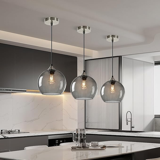 Large Light Grey Glass Pendant Light for Kitchen Island, Includes 3 Bulbs & 4.92FT Adjustable Cord, Modern Pendant Lighting Fixtures for Kitchen, Dining Room, Living Room(9.1in)