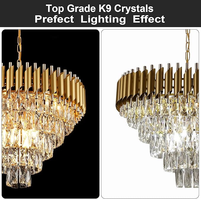 AXILIXI Modern Crystal Chandelier Gold, 24" Round Chandeliers for Dining Room K9 5 Tiers Ceiling Pendant Light Fixtures Golden Large Raindrop Flush Mount Chandelier for Foyer Living Room Staircase
