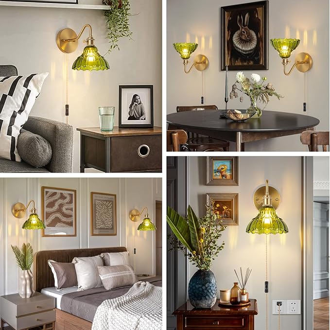 Plug-in Wall Sconce (Set of 2), Vintage Wall Decorative Lamp with Green Glass Shade, Indoor Brass Plug-in Wall Sconce for Bedroom, Living Room, Bathroom, Hallway