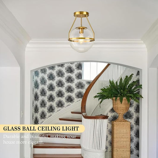 Bagood 10" Semi Flush Mount Ceiling Light with Clear Glass Shade Mid Century Ceiling Light Modern Gold Globe Semi Flush Mount Ceiling Light Fixture for Bedroom Hallway Bathroom Foyer (Bulb Incl.)