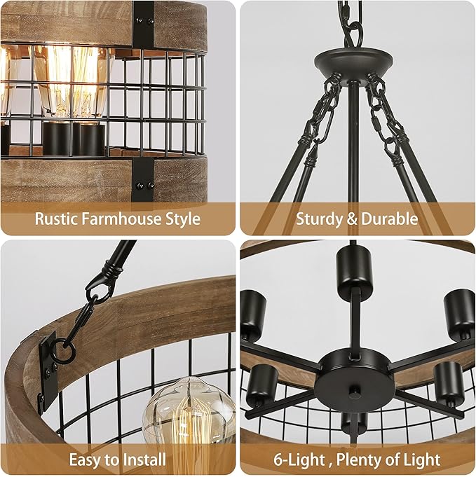 ACNKTZ 6-Light Farmhouse Chandelier for Entryway, Rustic Dining Room Light Fixtures, Industrial Drum Hanging Lighting for Kitchen Island Foyer, Black Wood and Black Metal Finish
