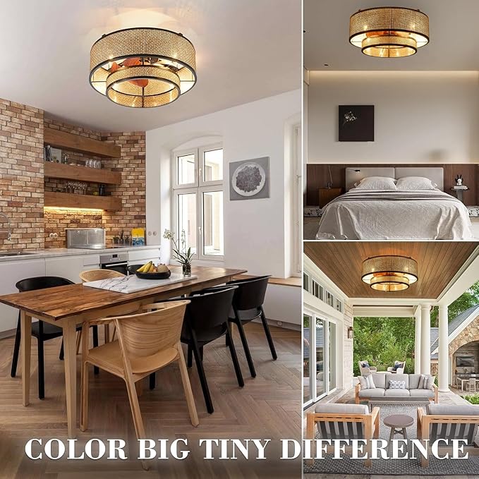 18.9" Boho Caged Ceiling Fan with Lights Remote, 4-Light Vintage Rattan Woven Chandelier Fan with Light Reversible Motor, Chandelier Ceiling Fan for Bedroom, Living Room