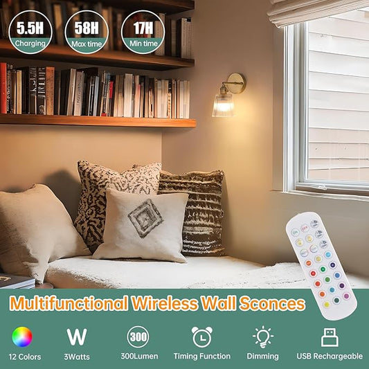 Shenmoyl Vintage Battery Operated Wall Sconce with Transparent Stripe Glass Lampshade Rechargeable Battery Powered Wall Light with Remote Control for Bedside Bedroom Doorway, Set of 2