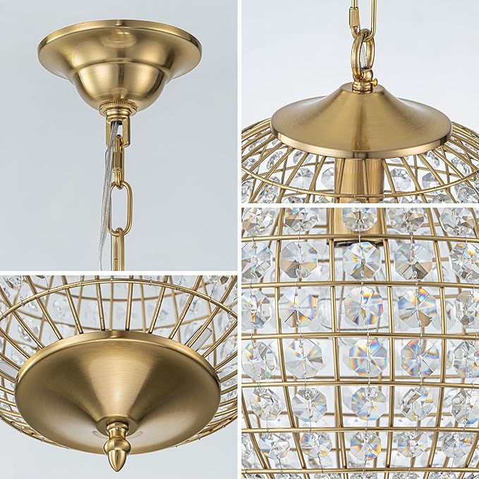 Gold Globe Crystal Chandelier, 12.6" Vintage Sphere Globe Chandelier Pendant Light Small Flush Mount Ceiling Light for Foyer Entryway Hallway Dining Room
