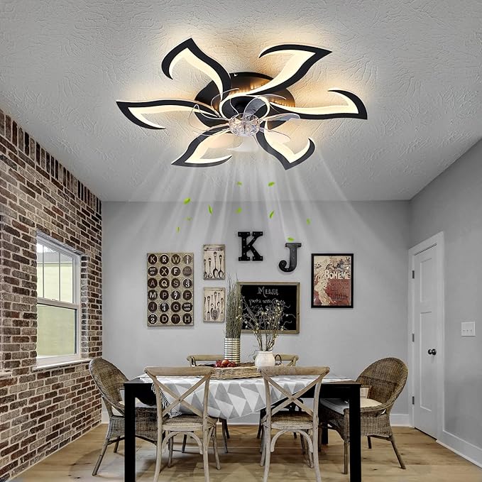 Yfrest Modern Ceiling Fan with Light and Remote, Low Profile Ceiling Fans with Lights, 32 Inch Black Flush Mount Ceiling Fan with 3 Light Color 6 Speeds, Fandelier Ceiling Fans for Kitchen Bedroom