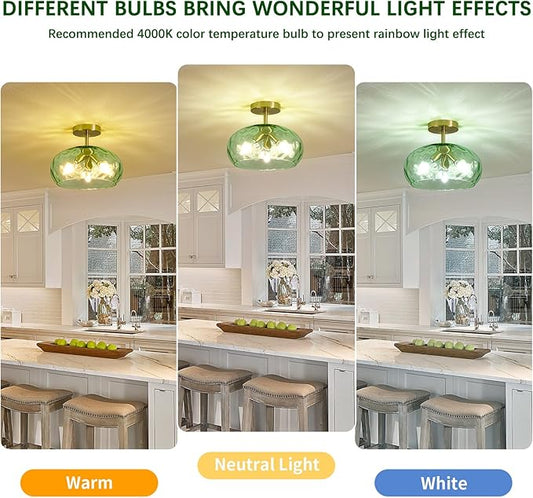 Luafac Green Glass Flush Mount Ceiling Light - 12 Inch Hammered Glass Hallway Light fixtures Ceiling, Vintage Gold Semi Flush Mount Ceiling Light,Mid Century Light Fixture for Bedroom Entryway Kitchen