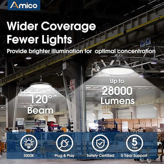 Amico 200W 10 Pack UFO LED High Bay Light 28,000lm 5000K LED High Bay Lights with UL Listed US Hook 5' Cable Alternative to 650W MH/HPS for Gym Factory Barn Warehouse