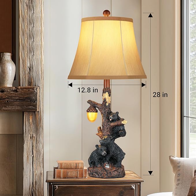Set of 2 Bear Bedside Table Lamps for Bedroom with Nightlight & USB A+C,Touch Accent Cottage Table Lamps for Living Room,Farmhouse Rustic Animal Nightstand Lamps for Western Cabin Christmas Decor