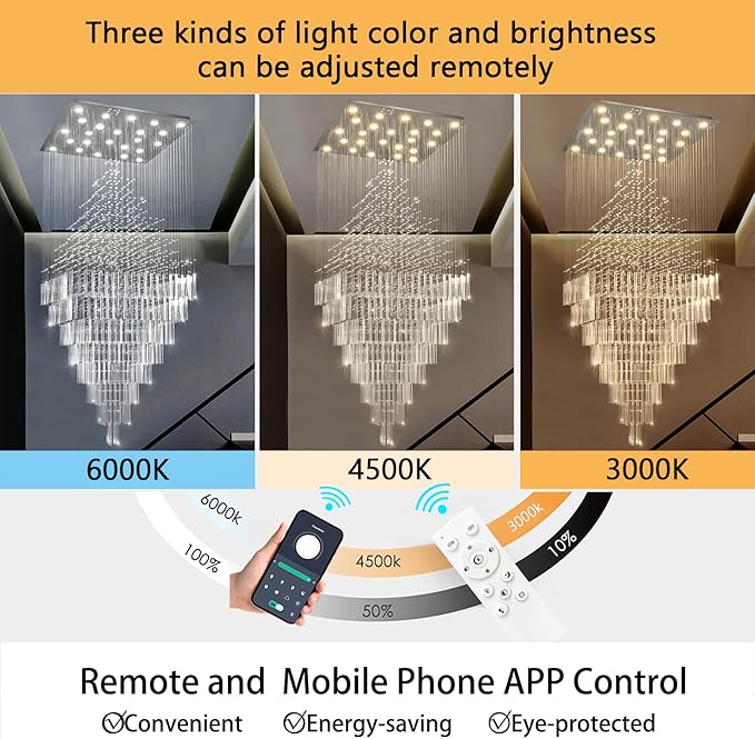 HAIXIANG W47 x H120 Luxury Crystal Chandelier with LED Bulbs Glam Raindrop High Ceiling Square Light Chandeliers for Entrance Large Villa Foyer Living Room Lighting Fixtures Silver