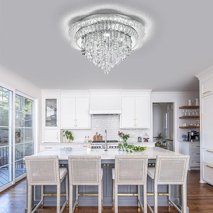 24" Sliver Crystal LED Ceiling Light Fixture with Remote Control,Flush Mount Chandelier with 3-Color Dimmable for Living Room Bedroom Dining Room Hallway - Modern Flower Design
