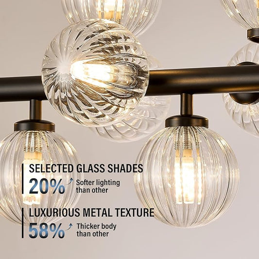 16-Light Globe Sputnik Chandelier, Linear Dining Room Light Fixture Over Table, Mid Century Modern Black Chandeliers for Dining Living Room, Kitchen Island Lighting (Clear Bubble, 40 Inch)