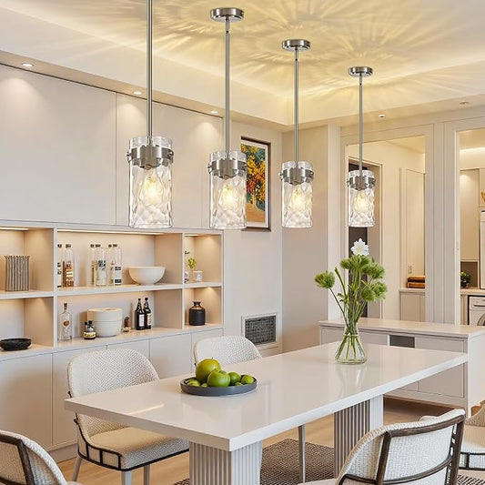 Hammered Glass Pendant Lighting for Kitchen Island 2 Pack, Modern Brushed Nickel Pendant Light Fixtures 4.72", Adjustable Ceiling Pendant Light for Kitchen Island Dining Room Hallway