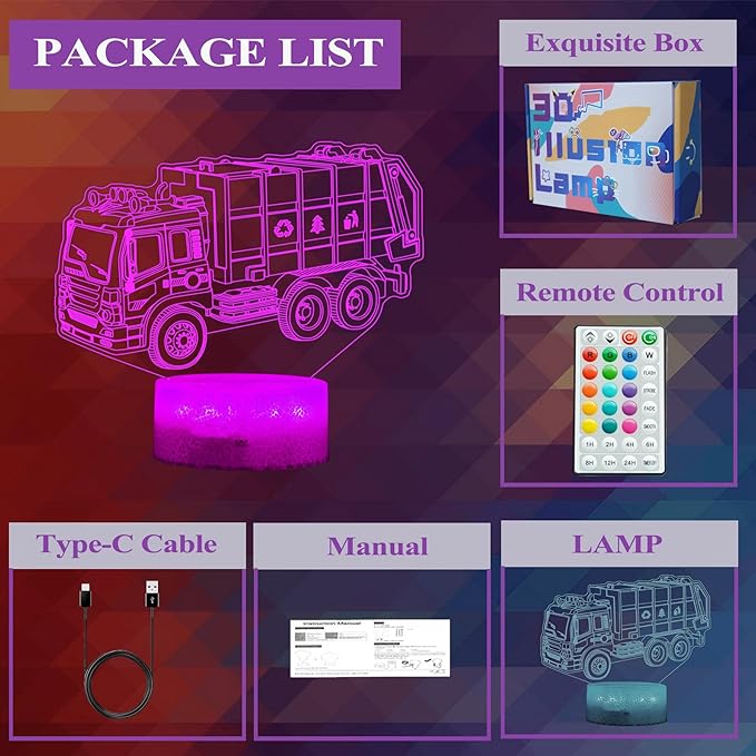 Garbage Truck Night Light, Garbage Truck Car Gifts, Sanitation Truck 3D Illusion Lamp with 16 Colors Changing, Timer, 4 Flash Modes and Dimmable, Kids Boys Girls Room Decoration, Holiday Xmas Gifts