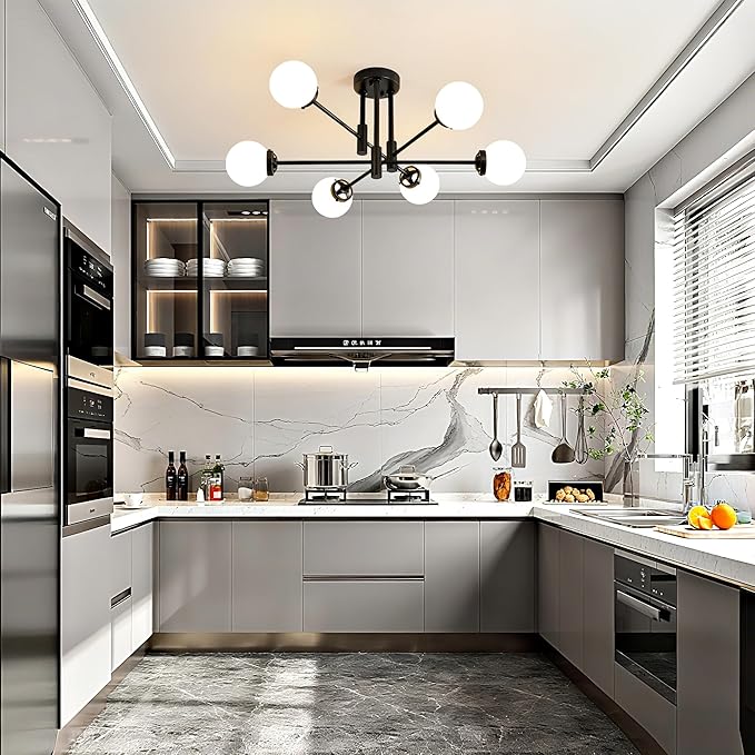 Biewalk Sputnik Ceiling Light Fixture 6 Light Sputnik Chandeliers, Black Chandelier Light Fixture with Milk White Glass Shade for Living Room Kitchen Bedroom Dining Room (E26 Bulb Excluded)