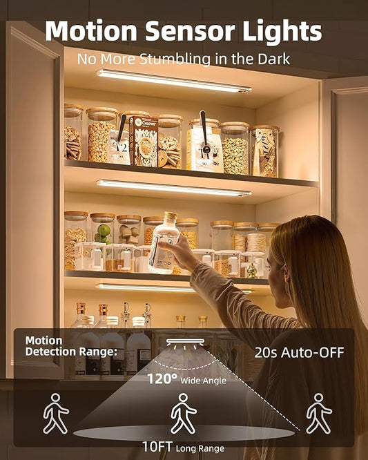 EZVALO Under Cabinet Lights,14.5'' Motion Sensor Light Indoor Dimmable, Super Bright 4000mAh Rechargeable Closet Lights 3500K with Remote Control, Wireless Under Counter Light for Kitchen,Cabinet