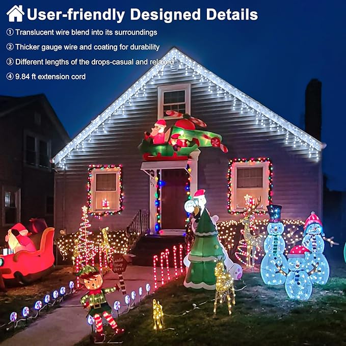 White Christmas Lights Outdoor, 66ft 640 LED Icicle Lights for Outside House with Connectable Clear Wire 8 Modes Timer, Plug in Waterproof for Home Holiday Eaves Yard Roof Party Room Indoor Decoration