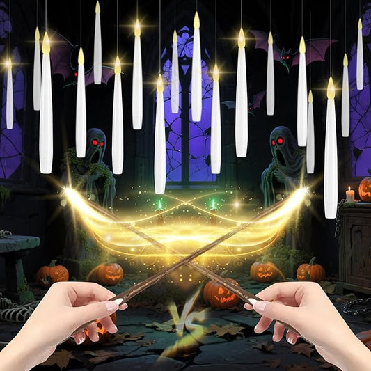 LUSHARBOR Floating Candles with Wand, 20 Pack 2 Wands Halloween Magic Hanging Candles Flameless Floating Candles Battery Operated for Halloween Decorations Gift Idea