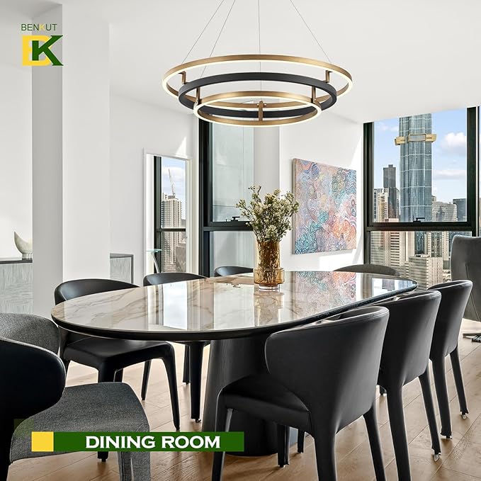Benkut 3 Rings Modern LED Chandelier Black Gold Dimmable Circular Pendant Light for Dining Room, Foyer Chandelier with Remote Control Flush Mount High Ceiling Light for Kitchen Living Room, D30.7In