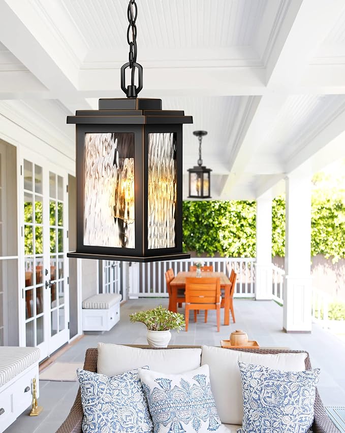 VIANIS Outdoor Pendant Light Fixture, Farmhouse Exterior Hanging Lights with Adjustable Chain, Anti-Rust Aluminum Frame with Temperate Water Glass, Hanging Lantern for Front Door Ceiling Entry Porch