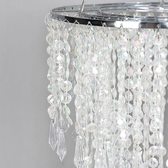 Acrylic Chandelier Shade, Ceiling Light Shade Beaded Pendant Lampshade with Crystal Beads and Chrome Frame for Bedroom, Wedding or Party Decoration, Diameter 8.7'' 3 Tiers