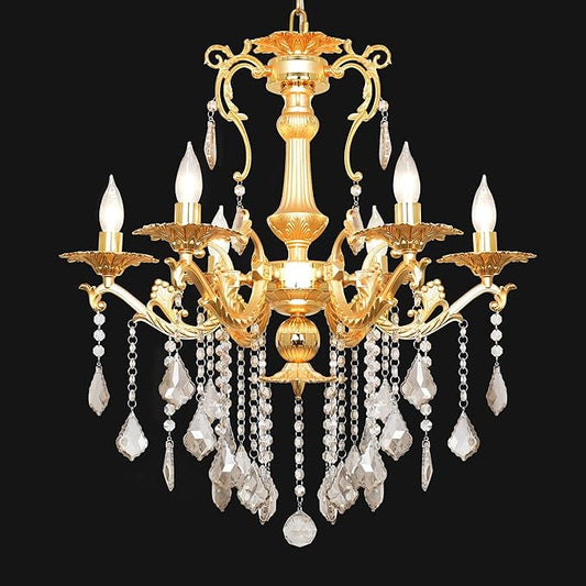 Luxury Gold Crystal Chandelier, 24" Vintage K9 Crystal Pendant Light with 6 Lights, Antique Brass Finish Ceiling Light Fixture with Scrolled Arms for Dining Room Living Room Foyer Villa Hotel