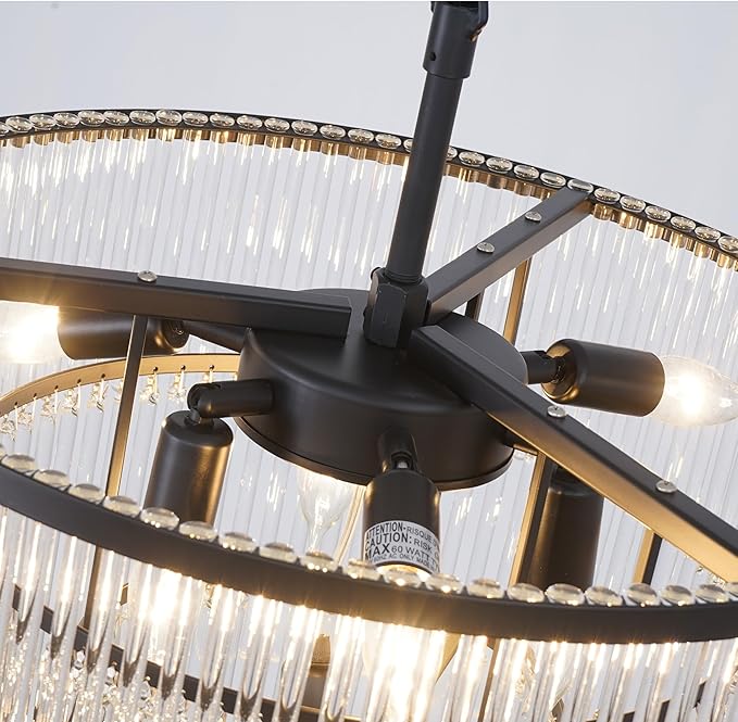 Modern Multi-Tier Crystal Chandelier 6-Tier Round Black Finish Ceiling Light -Cylindrical Glass Rods -Dining Room Living Room Bedroom Entryway -Luxury Lighting Fixture 35.5''