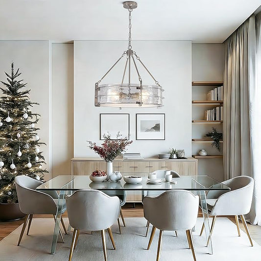 Modern Chandeliers for Dining Room, 20" Brushed Nickel Textured Glass Chandelier Luxury Light Fixture Drum Hanging Lighting for Dining Room Kitchen Island Living Room Hallway Bedroom