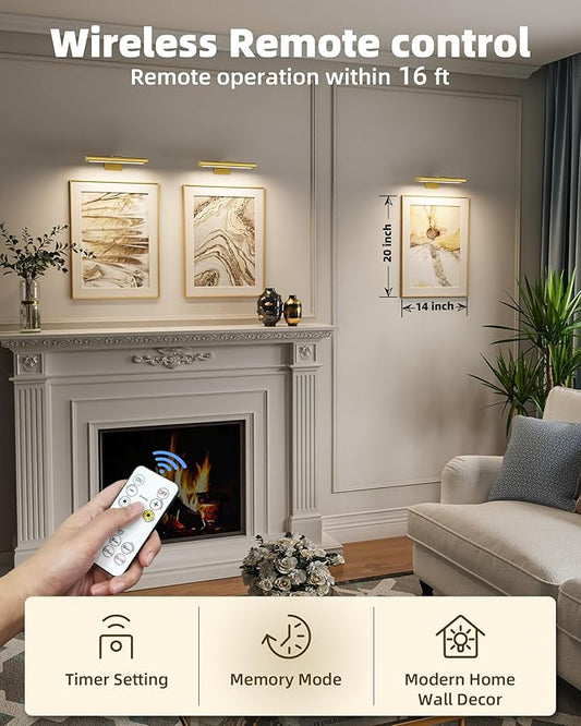 EZVALO Picture Light for Wall, Rechargeable 2400mAh Battery Lights Wireless with IR Remote, 3 Color & Dimmable Magnetic 7.87'' LED Lights Display for Painting, Living Room, Gallery, Bedroom(Gold-2P)