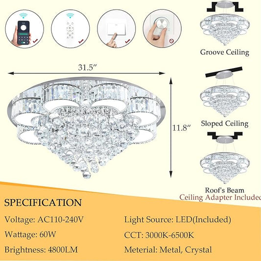 31.4" Silver Modern Crystal Chandeliers for Dining Room LED Dimmable Light Fixtures Flush Mount Light Living Room Bedrooms