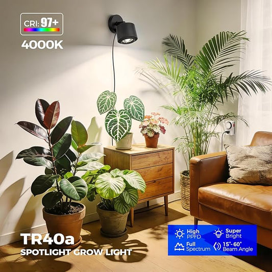 Barrina TR40a Track Grow Lights for Indoor Plants, 15°-60° Adjustable Beam Angle, 40W 4000K Full Spectrum LED Plant Light, High PPFD Spotlight Grow Lamps with Timer for House Plants, 1-Pack, Black