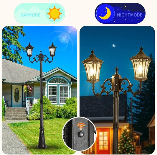 Dusk to Dawn Outdoor Lamp Post Lights with Outlet, Hardwired 2-Head Street Light Fixtures with Patterned Glass, Waterproof Outside Pole Lamps for Backyard, Garden, Driveway