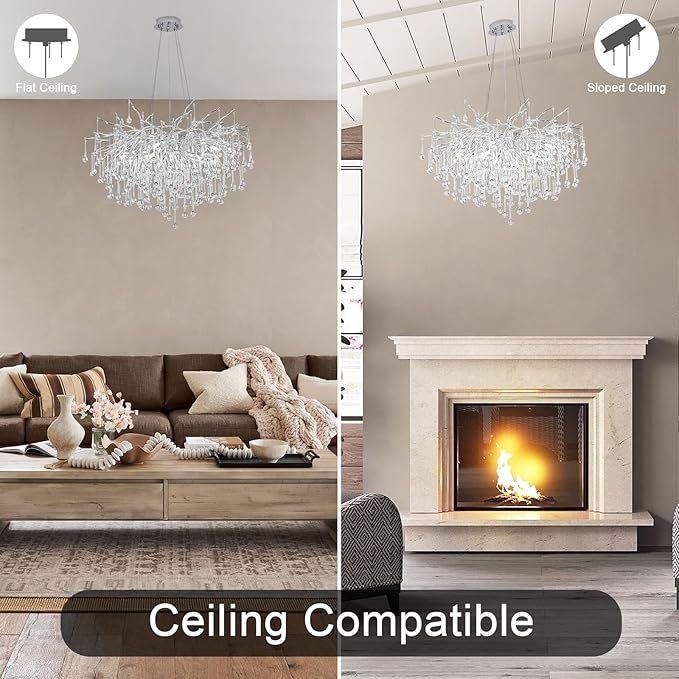 Chandeliers for Dining Room - 31.5" Modern Silver Crystal Chandelier, Round Tree Branch Raindrop Chandelier, Foyer Chandeliers for Entryway, Living Room,Bedrooms,Bathroom(Bulb not Included)