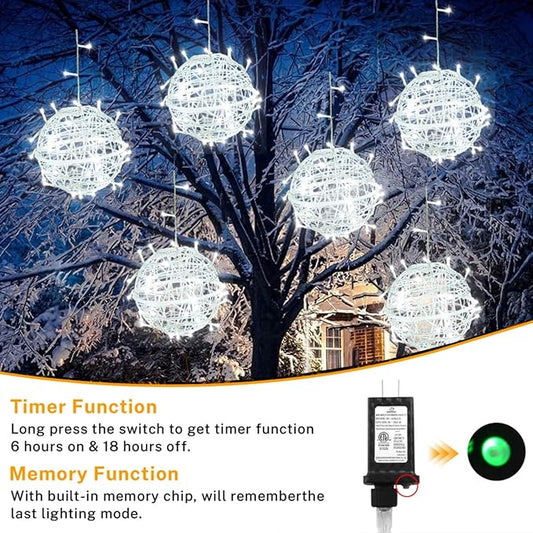 Outdoor Christmas Ball Lights 4 Pack Hanging 15.7" LED Garden Sphere Tree Lights 8 Modes Waterproof Glow Globe Light with Memory Timer Plug for Yard Porch Eave Patio Home Bedroom Decoration-Cool White