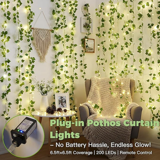 suddus 200 LED Vine with Light Plug in, 6.5ft x 6.5ft Pothos Fairy Curtain Lights with Remote, Leaf Fairy Lights for Wall,Bedroom, Dorm, Wedding, Party, Indoor Decor(Warm White)