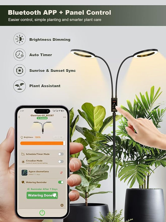 GLOWRIUM Smart Grow Lights for Indoor Plants, 48W Full Spectrum Plant Lights with Bluetooth App, Adjustable Height 47-70.9", Auto Timer, Indoor Plant Lamp for Large Tall Plants(Black 48W)