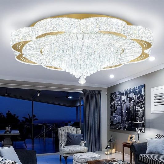 Modern Crystal Chandelier for Living Room 32in Gold Crystal Raindrop Ceiling Light for Room Bedroom LED Dimmable 3000-6000K