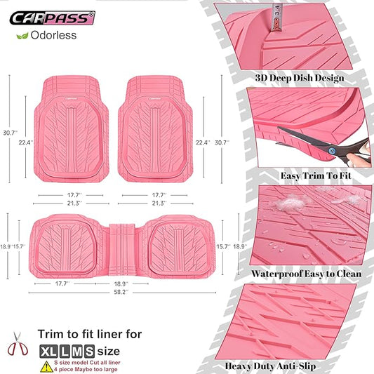 CAR PASS DeepDish Pink Floor Mats for Cars Full Set,Heavy Duty Rubber Car Mats 3-Piece,Universal Waterproof Trim-to Fit Automotive Floor Mats for Truck Van SUV, Durable All-Weather Car Mats (Pink)