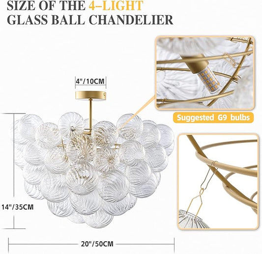 Bubble Ball Semi Flush Mount Ceiling Light Fixture, 20" Bubble Chandelier, Modern Hand Blown Glass Chandelier for Bedroom, Living Room, Dining Room (20" Gold Ceiling Light)