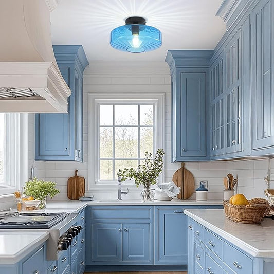 Blue Glass Ceiling Light, 11.8 Inches Mid Century Semi Flush Mount Ceiling Light Retro Small Chandelier Glass Overhead Lighting for Girl's Room Kids Room Nursery Bedroom Closet Hallway E26