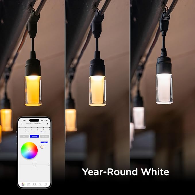 Enbrighten Vibe Modern Outdoor String Lights, 48ft, 24 RGBWIC Acrylic Bulbs, Weatherproof, Perfect for Gameday, Holidays, and More, Smart App Control, Compatible with Alexa, Google Home, 84013