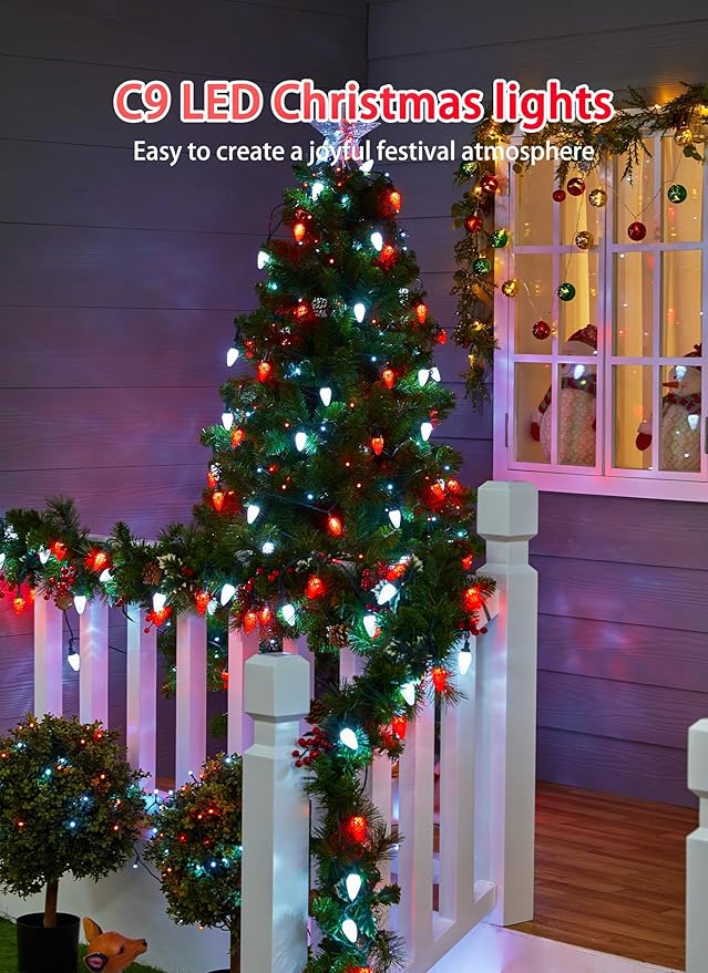 C9 Christmas Lights Outdoor Waterproof, 114 Feet 150 LED C9 String Light with Timer & 8 Light Mode, Connectable Christmas Tree Lights for House Outside Roofline Indoor Decoration, Red & Pure White
