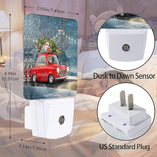 Retro Red Car Night Light, Christmas Tree Plug into Wall with Dusk to Dawn Light Sensors, Warm Nightlights for Bedroom,Bathroom, Hallway, Kitchen,Gifts Ideal for Boys Girls Women Men