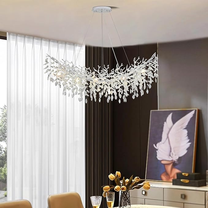 Modern Crystal Tree Branches Chandelier, 47.5in Silver 12 Lights Large Ceiling Hanging Light for Dining Room, Arc Raindrop Pendant Light Fixture