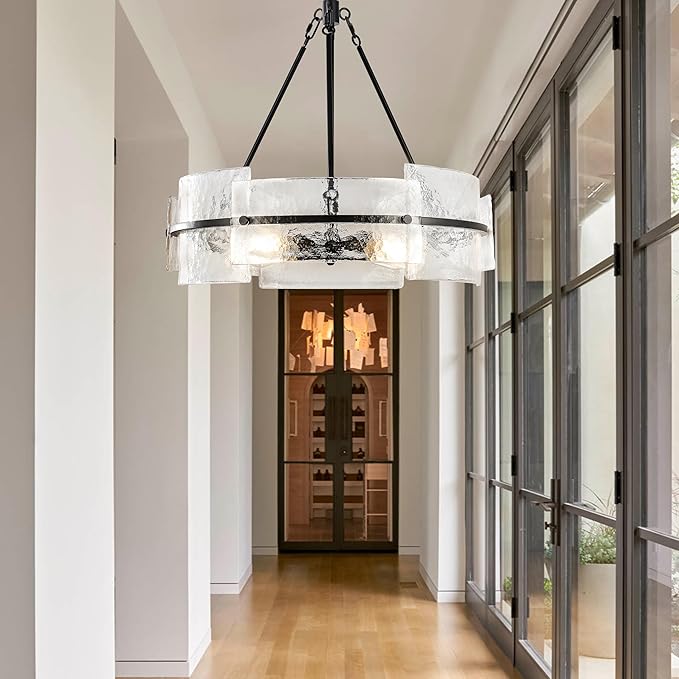 Modern Dining Room Chandelier 22” Black Textured Glass Chandelier Luxury Drum Crystal Light Fixture Farmhouse Round Hanging Lighting for Dining Room Kitchen Island Living Room Hallway Bedroom