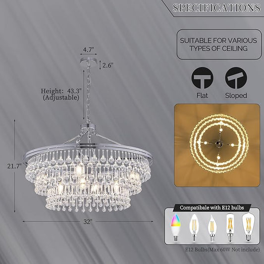 Wellmet Large Chrome Farmhouse Chandelier, 32" Round Modern Crystal Teardrop Chandelier for Dining Room, Living Room, Bedroom, Kitchen, Entryway, Hallway, Closet