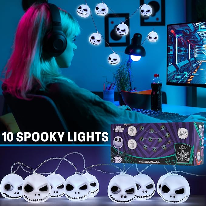 Disney The Nightmare Before Christmas LED String Lights for Kids, Teens, Adults, 10 Jack Skellington 65” Fairy Lights, Gifts for Kids (White Nightmare Before Christmas)