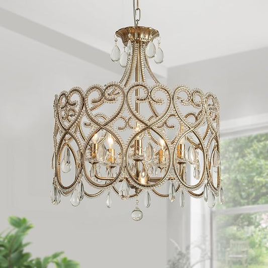 KSRYSZCQ 5-Light Crystal Chandelier 20“ French Country Chandelier Antique Silver Drum Chandelier for Dining Room Bedroom Living Room Kitchen Island