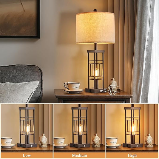 Reaketon Table Lamp for Living Room Set of 2 with USB Charging Ports, 3-Way Dimmable 27.6" Farmhouse End Lamps for Bedroom, Industrial Nightstand Lamps,Bulbs Included(Oil-Rubbed Bronze)
