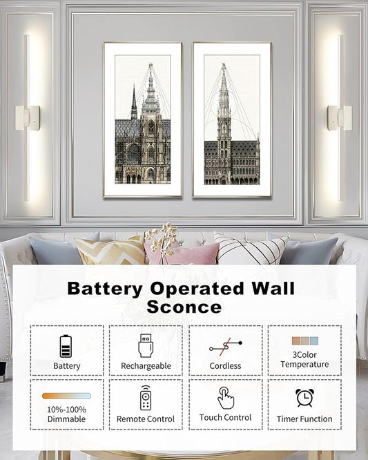 Rayogale Rechargeable Battery Operated Wall Sconce Set of Two, 24 Inch, Cordless, 3000K/4500K/6000K, Dimmable, Timer, Remote, Touch Control, USB-C Charging, 360° Rotation for Living Room Sand Nickel