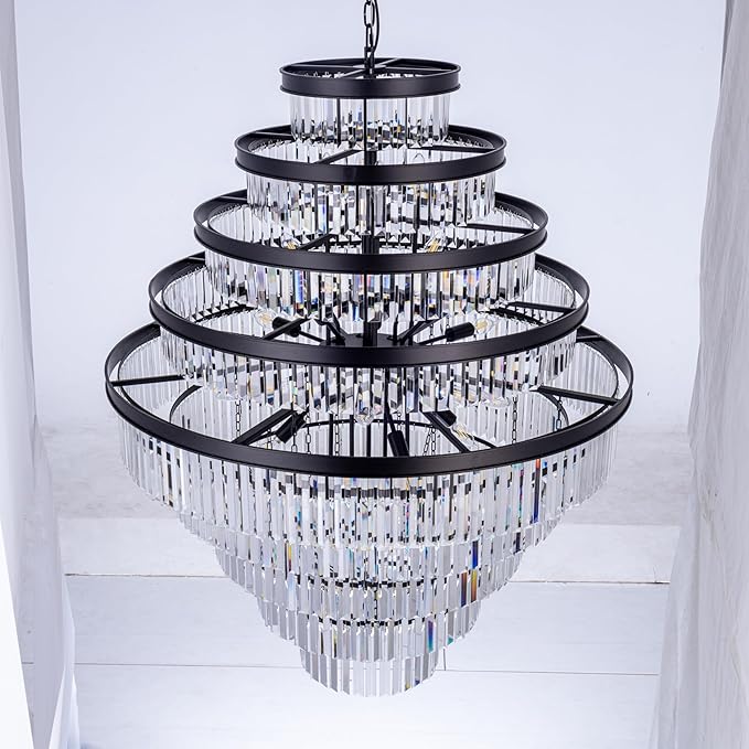 Wellmet Extra Large Crystal Chandelier, Black 9-Tier Luxury Crystal Chandelier, for Living Room, Dining Room, Porch, Entryway, Hallway, Restaurant, 40''W
